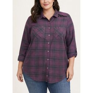 Torrid Purple Black Plaid Button Front Shirt Lattice Shoulder Top Plus Size 1 1X